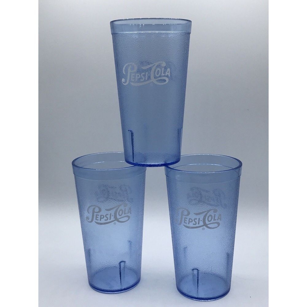 SET OF 3 ACRYLIC‎ LIGHT BLUE PEPSI DRINKING TUMBLERS WHITE LOGO HOLDS 16 OZS